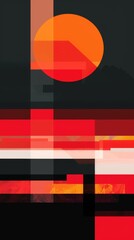 Abstract geometric artwork with orange sun and black mountains