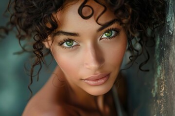 stunningly beautiful mixed race woman with unique hairstyle and mesmerizing green eyes portrait photography