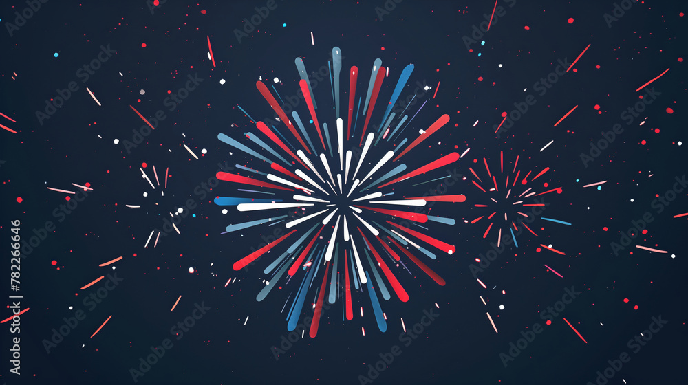 Poster fireworks exploding in a burst of red and blue dots on a dark backdrop. 4th july independence day co