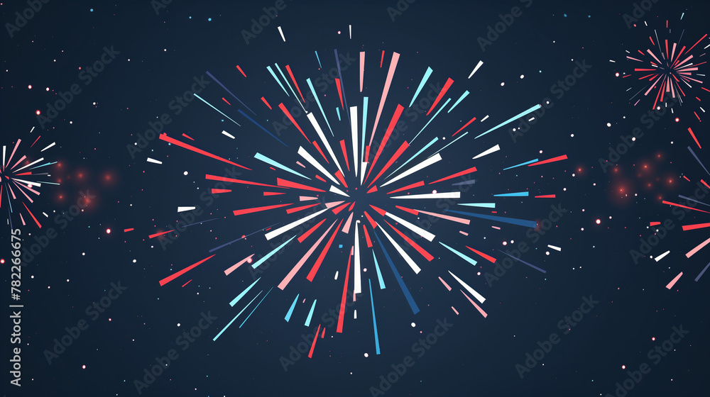 Poster fireworks exploding in a burst of red and blue dots on a dark backdrop. 4th july independence day co