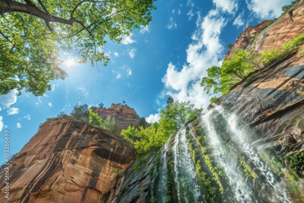 Poster looking up at a waterfall surrounded by trees and rocks with the sun shining through the trees