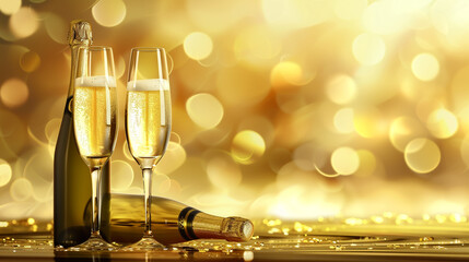 Two glasses and ottles of champagne on a golden background