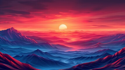 Surreal sunset over layered mountain landscape