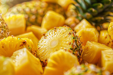 Background with ripe juicy pineapple. Exotic summer delicious, sweet and healthy fruits