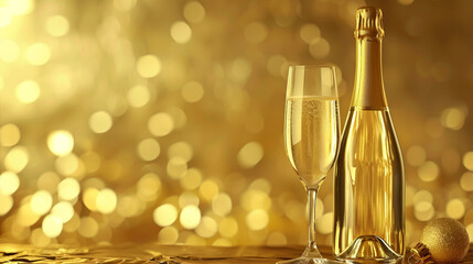 Two glasses and ottles of champagne on a golden background