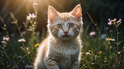 Adorable cat in forest light among spring wildflowers