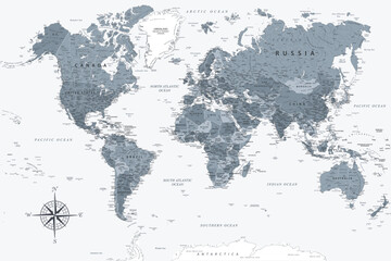 World Map - Highly Detailed Vector Map of the World. Ideally for the Print Posters. Grey Silver Spot Beige Retro Style. - obrazy, fototapety, plakaty