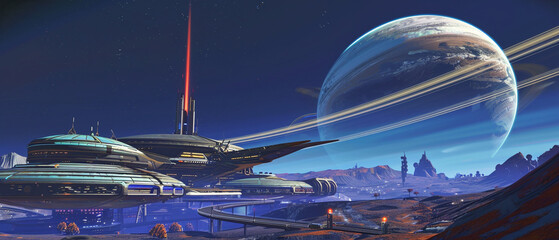 Futuristic spaceport with sleek architecture and a massive galaxy backdrop, blending technology and nature.