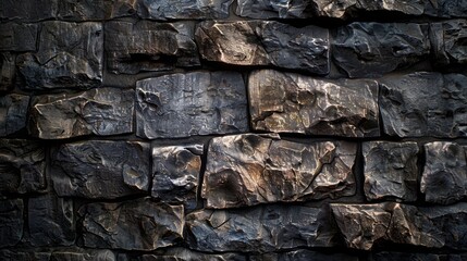Close-up of textured black stone wall - obrazy, fototapety, plakaty