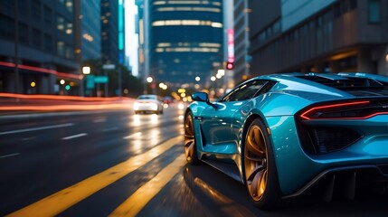 quality futuristic electric sports car driving in city highway wide banner