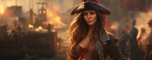 Beautiful pirate woman with burning ship in the background, panoramic view, generated ai
