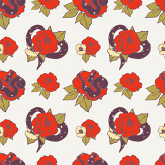 Obraz premium Snake in flowers in old school tattoo style. Vector seamless pattern.
