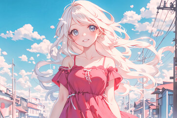 Pretty anime girl with blonde hair and big blue eyes. Young woman in red dress standing in city with power lines and wires, blue sky with cloud in background