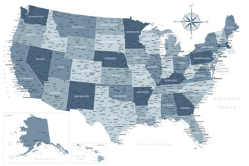 United States - Highly Detailed Vector Map of the USA. Ideally for the Print Posters. Grey Silver Spot Beige Retro Style - obrazy, fototapety, plakaty