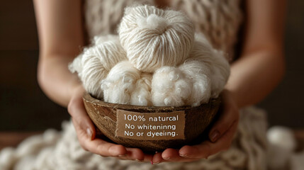 A woman is holding a bowl of yarn that is 100 natural