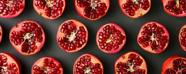 Halved pomegranates arranged on dark surface - obrazy, fototapety, plakaty