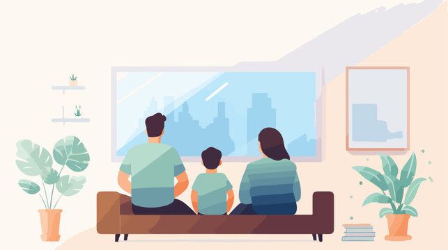 Back view of family sitting on sofa and watching ne
