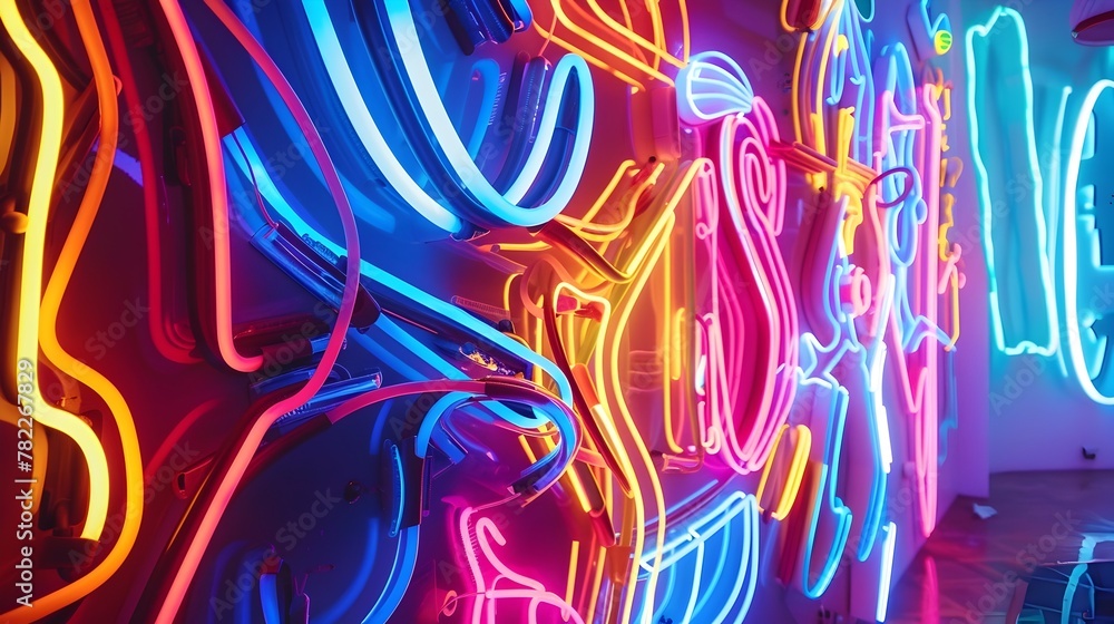 Poster mesmerizing neon light installation with intertwined abstract shapes and vibrant colors offering a c