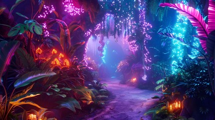 Neon-Lit Enchanted Jungle Pathway with Vibrant Floral and Faunal Frames