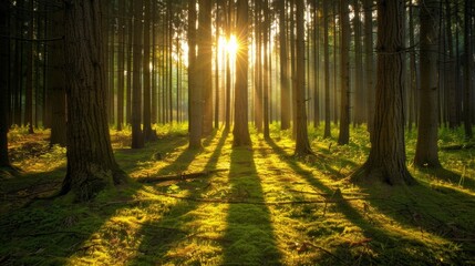 Sunrise piercing through a dense forest