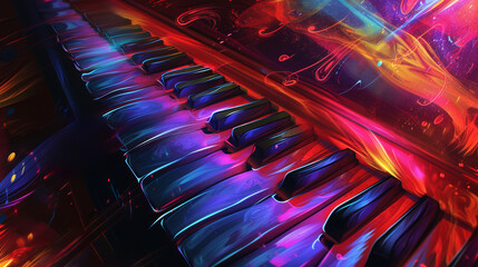 Vibrant digital art of a piano with colorful abstract lights