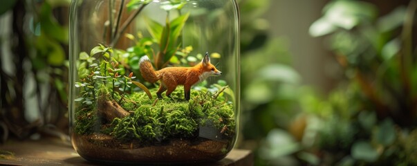 Miniature fox figurine in a glass terrarium with lush greenery - obrazy, fototapety, plakaty