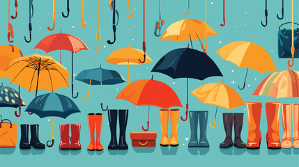 Background of umbrellas rubber boots handbags and e - obrazy, fototapety, plakaty