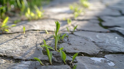 Young plants sprouting through a stone pathway