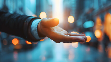 Visualize a hand of confident financial advisor providing personalized advice to clients, with a blurred background symbolizing focus and clarity