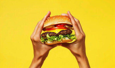 Hands holding a burger on yellow