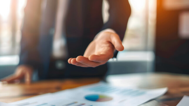 Visualize a hand of confident financial advisor providing personalized advice to clients, with a blurred background symbolizing focus and clarity
