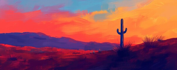 Vibrant desert sunset with solitary cactus - obrazy, fototapety, plakaty