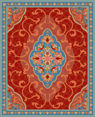 Oriental floral vector carpet design. Vintage red and blue pattern with frame. Ornamental template for textile, rug, tapestry.