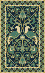 Oriental vector carpet design with birds. Floral green and beige pattern with frame. Ornamental template for rug, textile, tapestry.