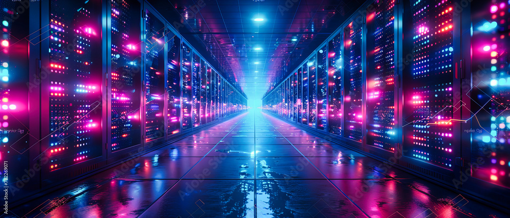 Poster network servers in data center, computing hardware and technology infrastructure, connectivity and d