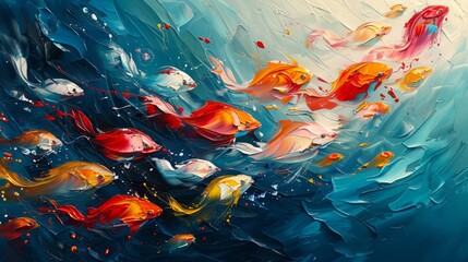 oil painting of fishes in the sea abstract with visible bush strokes