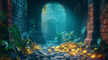 The Dark ancient fantasy palace corridor interior with Gold coin, Illustration