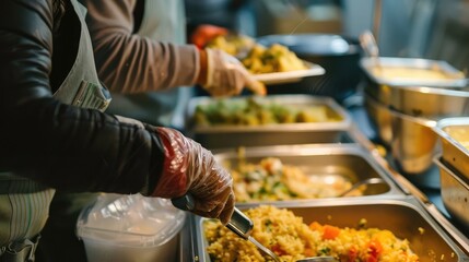 A person volunteering at a soup kitchen, serving meals to those experiencing homelessness and food insecurity. - obrazy, fototapety, plakaty