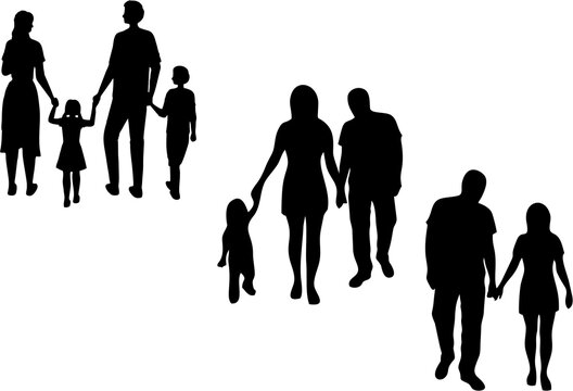 Young couple and Family Silhouettes. Parents and children. Couple, with one and two child. American family day poster or banner idea. Care for family theme. High quality images.