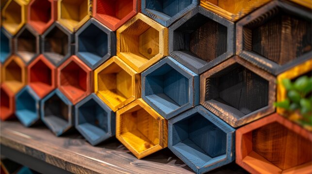 colorful hexagon honeycomb shelves interior design pattern, Honeycomb Hexagon Hive with Bees on Blue Background, Honeycomb-inspired interior wall shelf design for modern homes