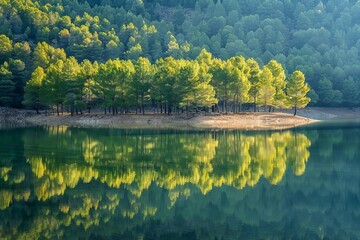 tranquil small forest reflecting in calm waters of yesa reservoir aragon spain serene landscape photography - obrazy, fototapety, plakaty