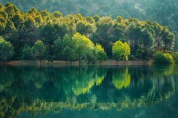 tranquil small forest reflecting in calm waters of yesa reservoir aragon spain serene landscape photography - obrazy, fototapety, plakaty