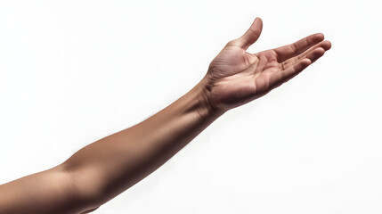 Hand Reaching Out - Isolated White Background. Human Arm Closeup Concept for Reaching Up