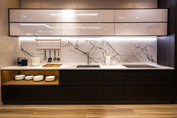 Modern Kitchen Interior: Marble Stone and Wooden Floor, Black Cabinets with White Glass Doors, Dark Brown Wall Panels, Wooden Table for Plates