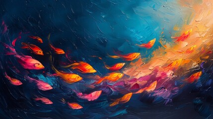 oil painting of fishes in the sea abstract with visible bush strokes - obrazy, fototapety, plakaty