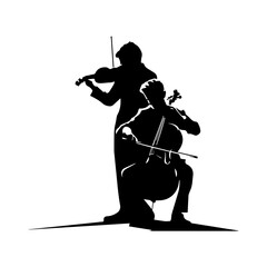 Vector black silhouettes people. Two adult men play musical instruments. The violinist is holding the violin, the guy is playing cello, side view people. Street musicians isolated on white background.