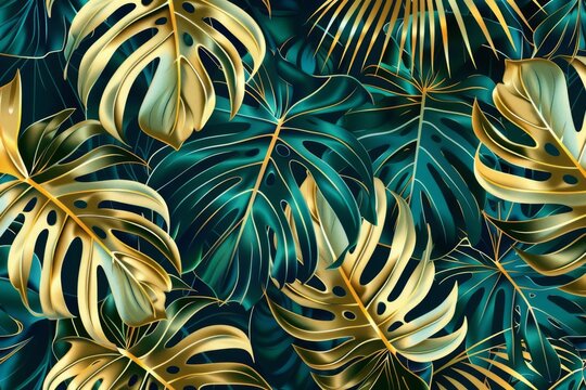 tropical paradise seamless pattern with lush monstera and palm leaves golden outlines on emerald background vector illustration
