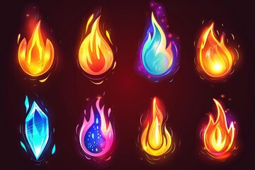 vibrant fire flame icons in various styles symbolizing energy and power 3d cartoon illustration set