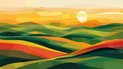 Abstract colorful landscape with hills and sun