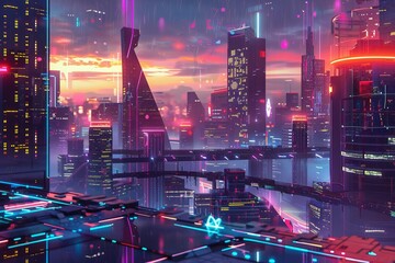 a digital illustration portraying a dazzling futuristic city skyline under the night's veil.